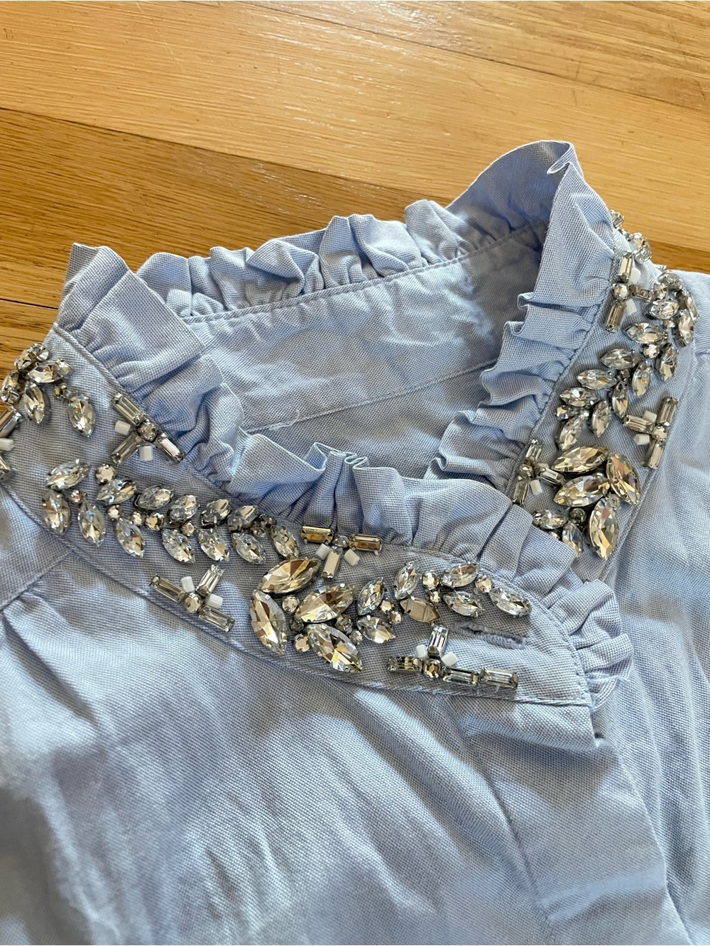 J. Crew Sleeveless Light Blue Ruffled Collar Top with Embellished Neckline - Picture 4 of 6
